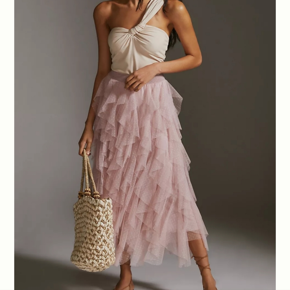 Anthropologie ruffled tulle midi skirt pink